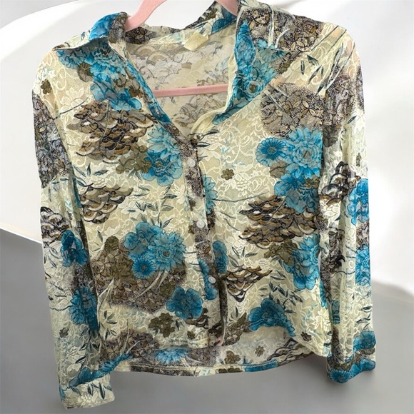 VTG Ivory Lace Floral Mesh Patterned Button-Up Shirt Sheer Layered Sz Medium - Picture 3 of 11